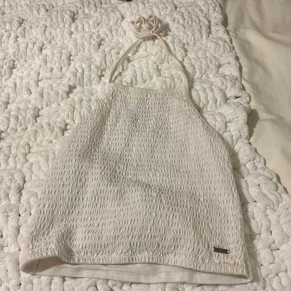 Ruffed fitted halter neck white top